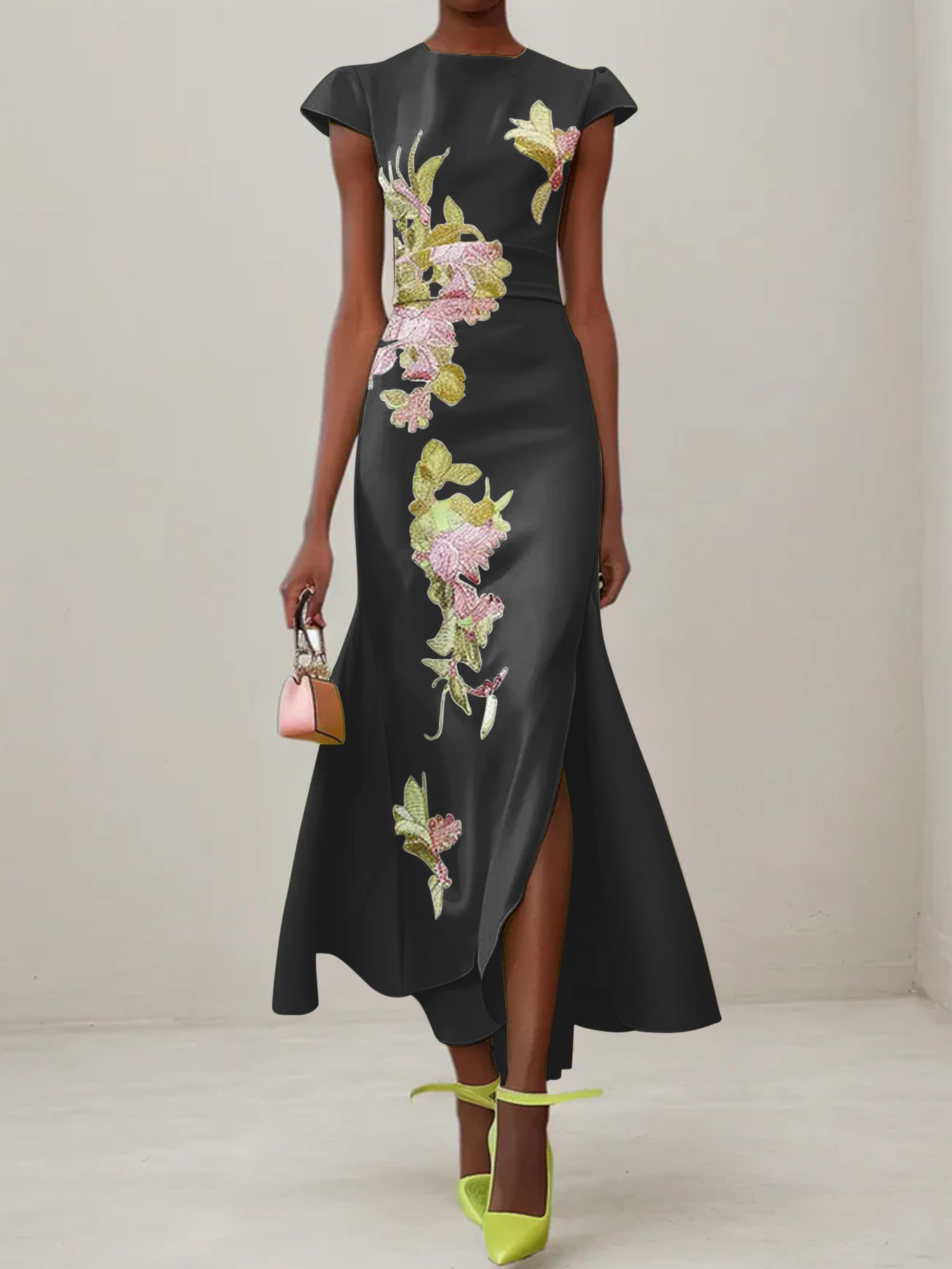 Green Floral Embroidered Cap Sleeve Slit Sheath Maxi Dress