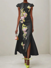 Green Floral Embroidered Cap Sleeve Slit Sheath Maxi Dress