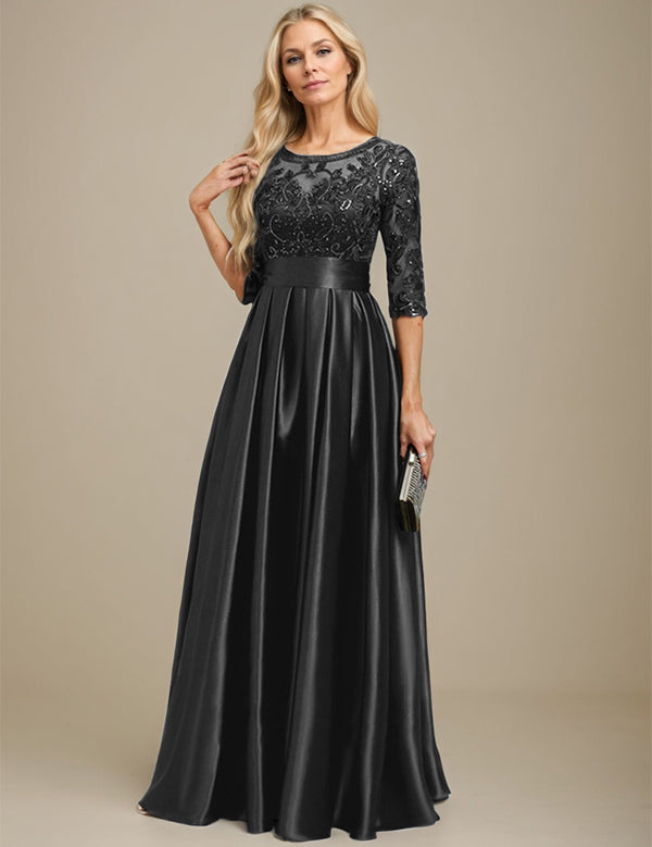 A-line Scoop Illusion Floor-Length Stretch Satin Lace Mother of the Bride Dress With Bow Sequins