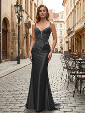 Purple Mermaid Spaghetti Straps Satin Long Corset Appliqued Prom Dress