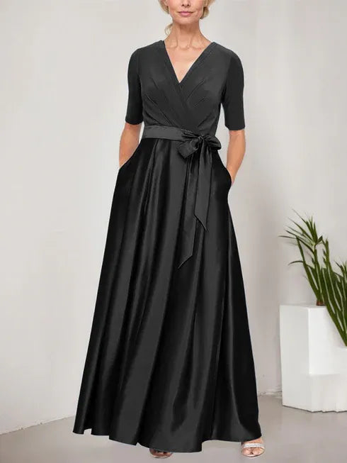 Surplice Neckline Ballgown with Full Satin Skirt & Jersey Bodice