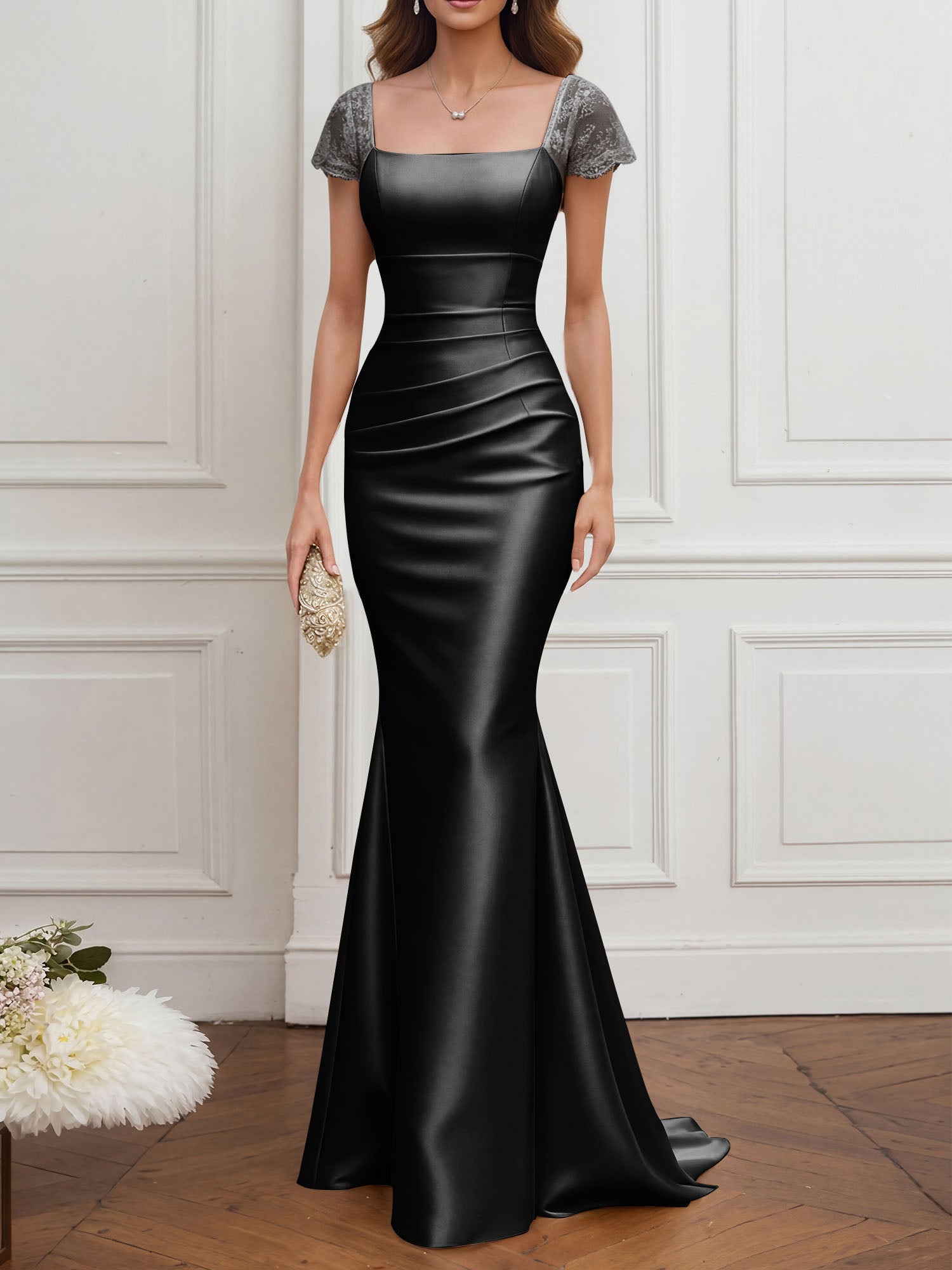 Mother of the Bride Dress Champagne Satin Square Neck Maxi Dress