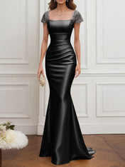 Mother of the Bride Dress Champagne Satin Square Neck Maxi Dress