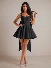 A-Line Square Neck Pleated Mini Homecoming Dress with Bow