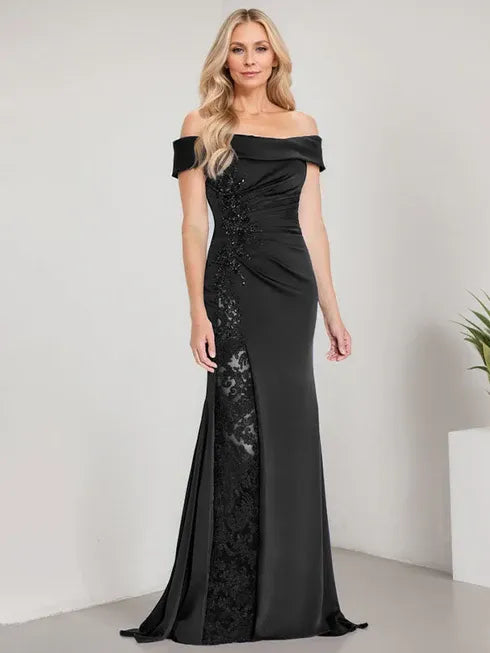 A-Line Off the Shoulder Floor-Length Mother of the Bride Dress Applique Beadings Mermaid Dress With  High Split