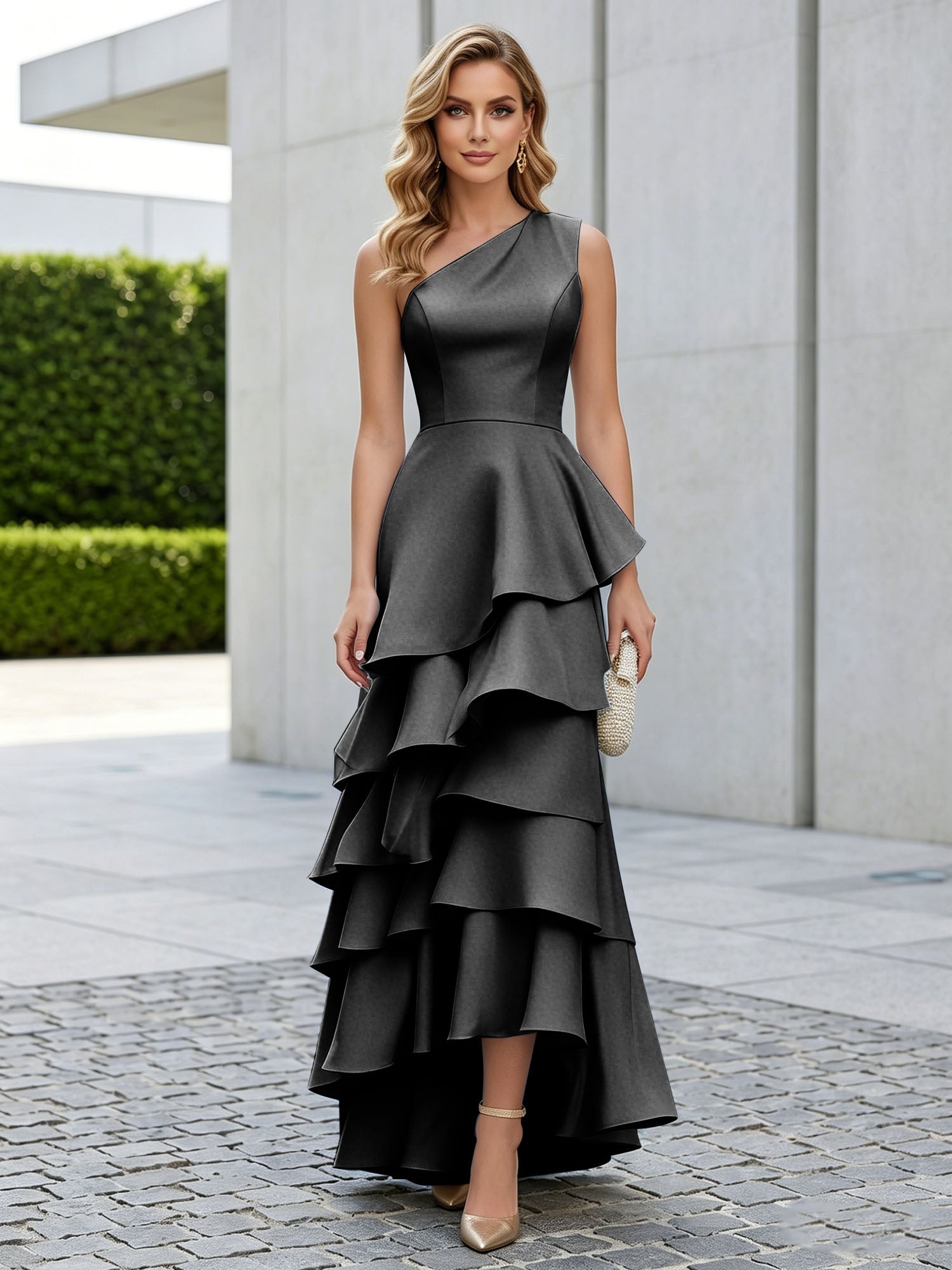 One Shoulder Tiered Ruffle Satin Mermaid Evening Gown with Sculptural Layers