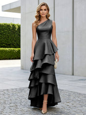 One Shoulder Tiered Ruffle Satin Mermaid Evening Gown with Sculptural Layers