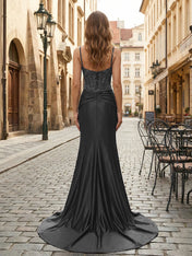 Purple Mermaid Spaghetti Straps Satin Long Corset Appliqued Prom Dress