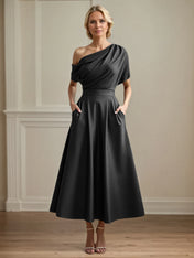 A Line Satin One Shoulder Pleated Ankle Length Mother of the Bride Dress