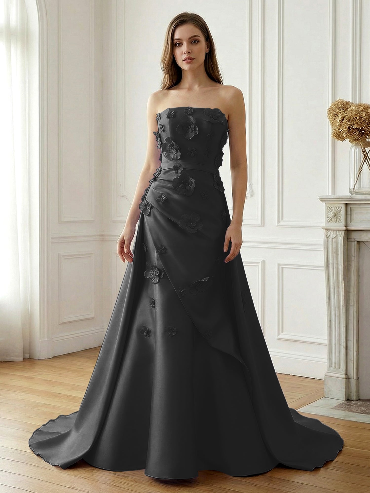 Lavender Satin 3D Floral Strapless A-Line Gown