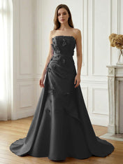 Lavender Satin 3D Floral Strapless A-Line Gown