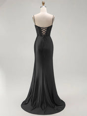 Sparkly Satin Mermaid Long Corset Prom Dress with Beading