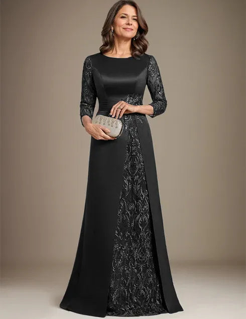 Robe de mère de la mariée en satin et dentelle, coupe trapèze, longueur au sol, avec appliques 