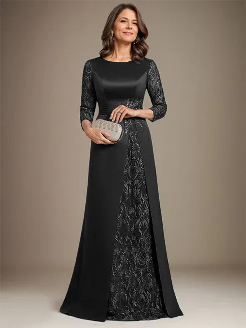 Robe de mère de la mariée en satin et dentelle, coupe trapèze, longueur au sol, avec appliques 