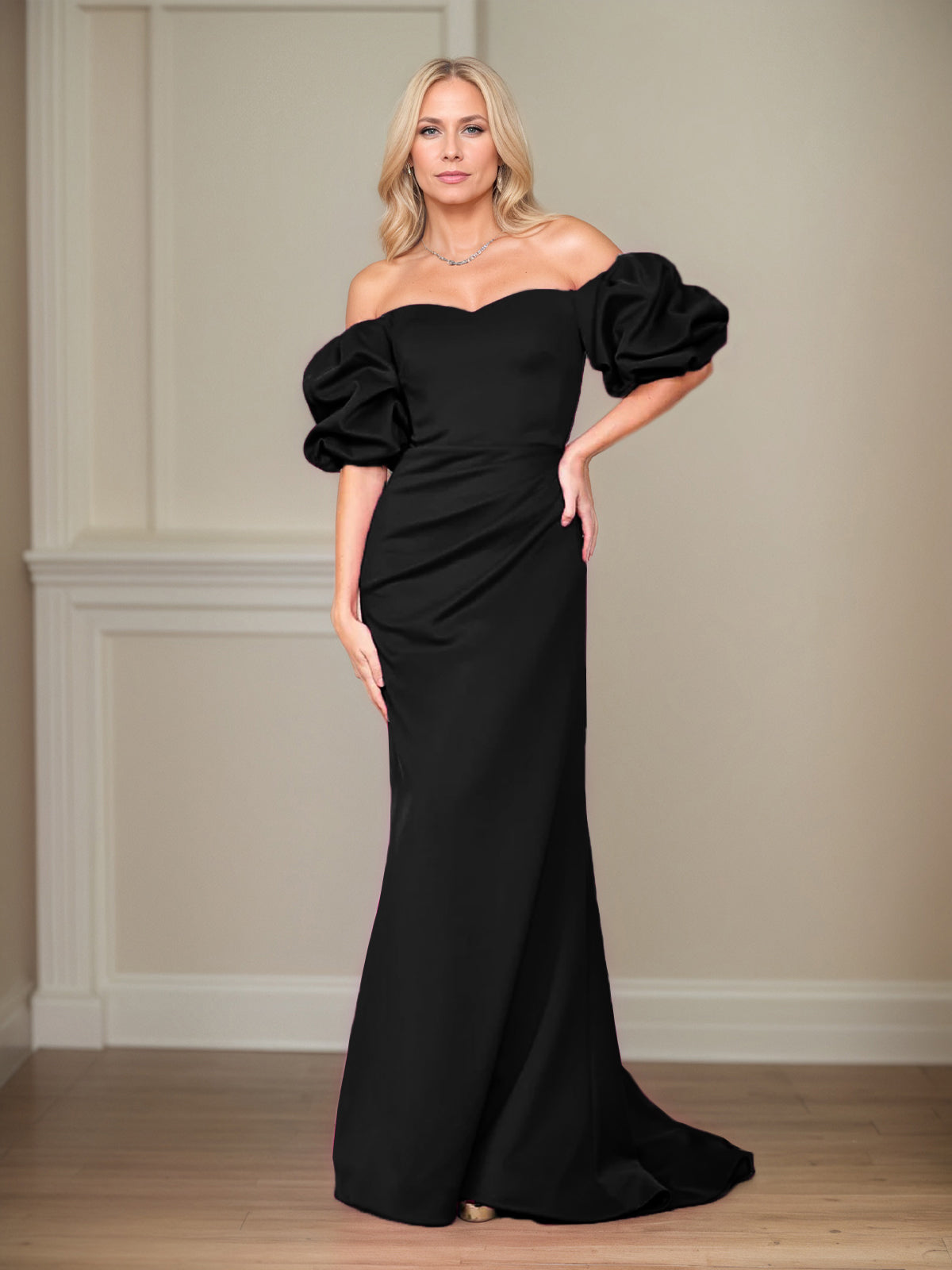 Column Off The Shoulder Puff Sleeves Floor Length Mother of the Bride Dresses