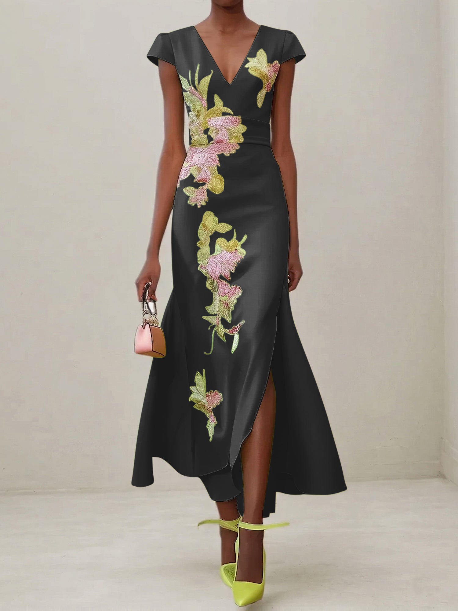 Green Floral V Neck Embroidered Cap Sleeve Slit Sheath Maxi Dress