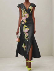 Green Floral V Neck Embroidered Cap Sleeve Slit Sheath Maxi Dress