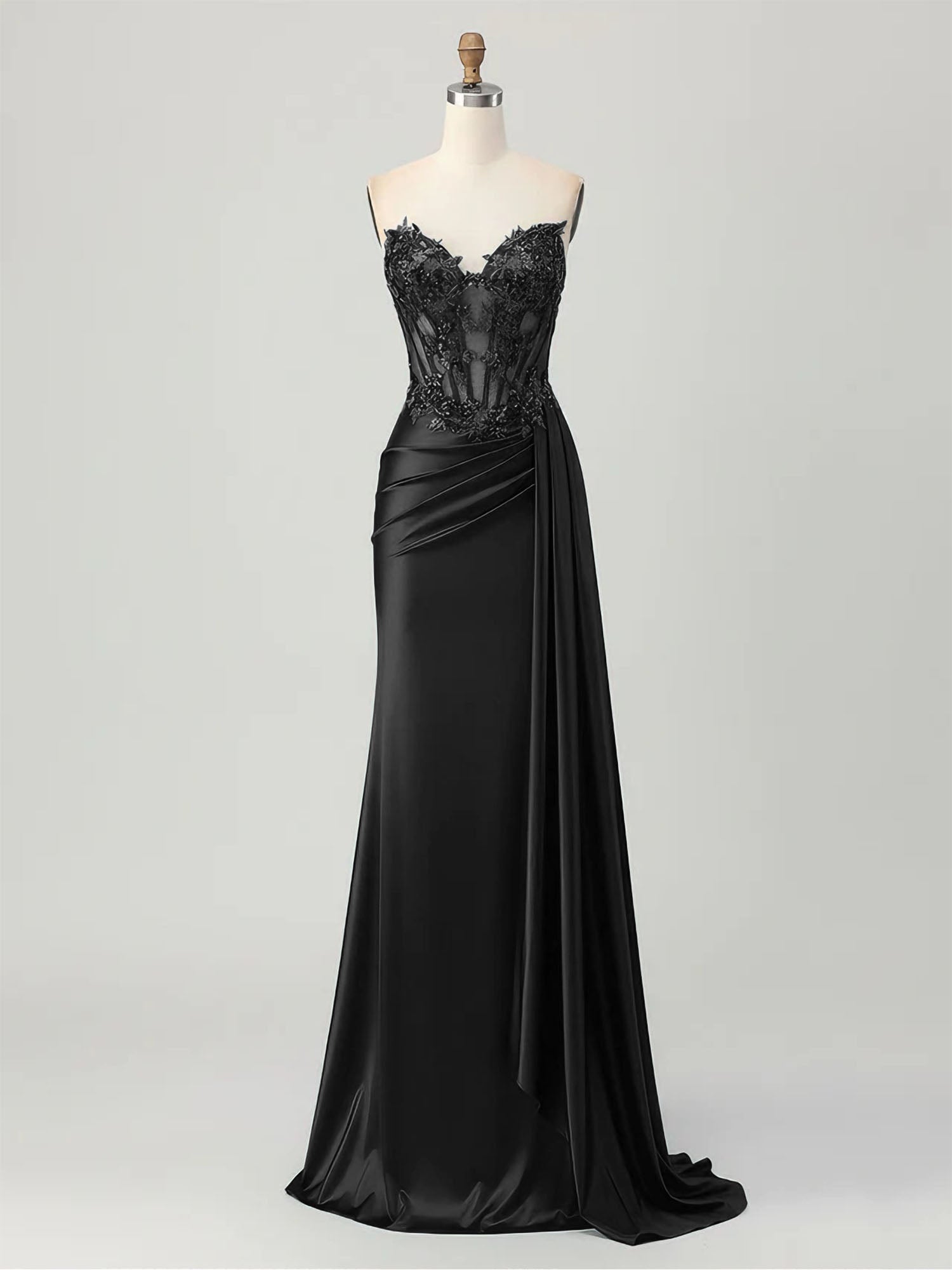 Strapless Illusion Bodice Prom Dress with Satin Skirt