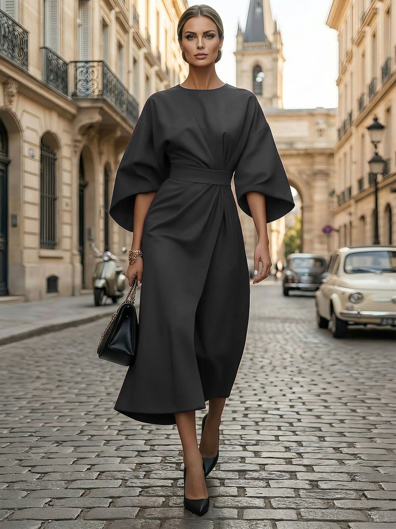 Loose Batwing Sleeve Dress Tight Waist Solid Color Elegant Dresses