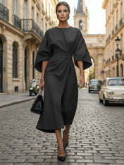 Loose Batwing Sleeve Dress Tight Waist Solid Color Elegant Dresses