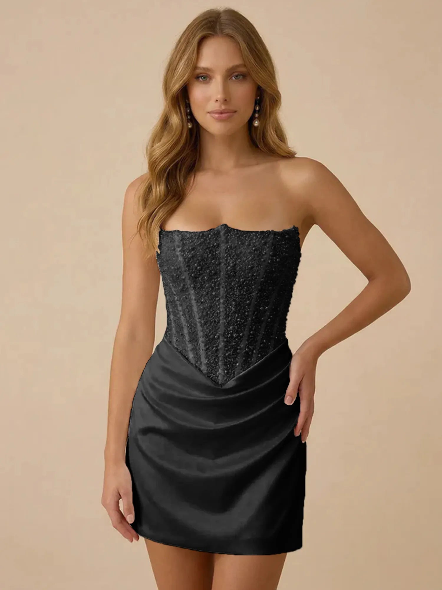 White Strapless Sequin Beaded Satin Short Homecoming Dress with Corset