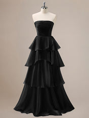 Red A Line Strapless Pleated Tiered Floor Length Ruffle Bridesmaid Dress