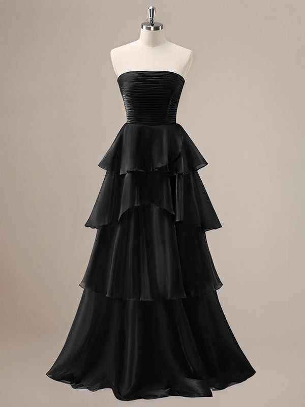 Red A Line Strapless Pleated Tiered Floor Length Ruffle Bridesmaid Dress