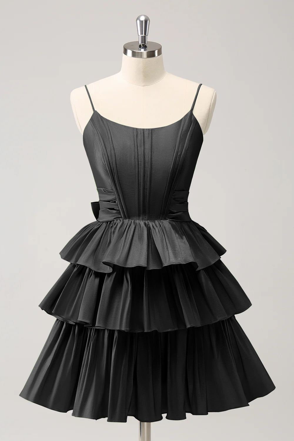Hot Pink A Line Spaghetti Straps Corset Tiered Ruffle Homecoming Dress with Bow