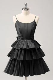Hot Pink A Line Spaghetti Straps Corset Tiered Ruffle Homecoming Dress with Bow
