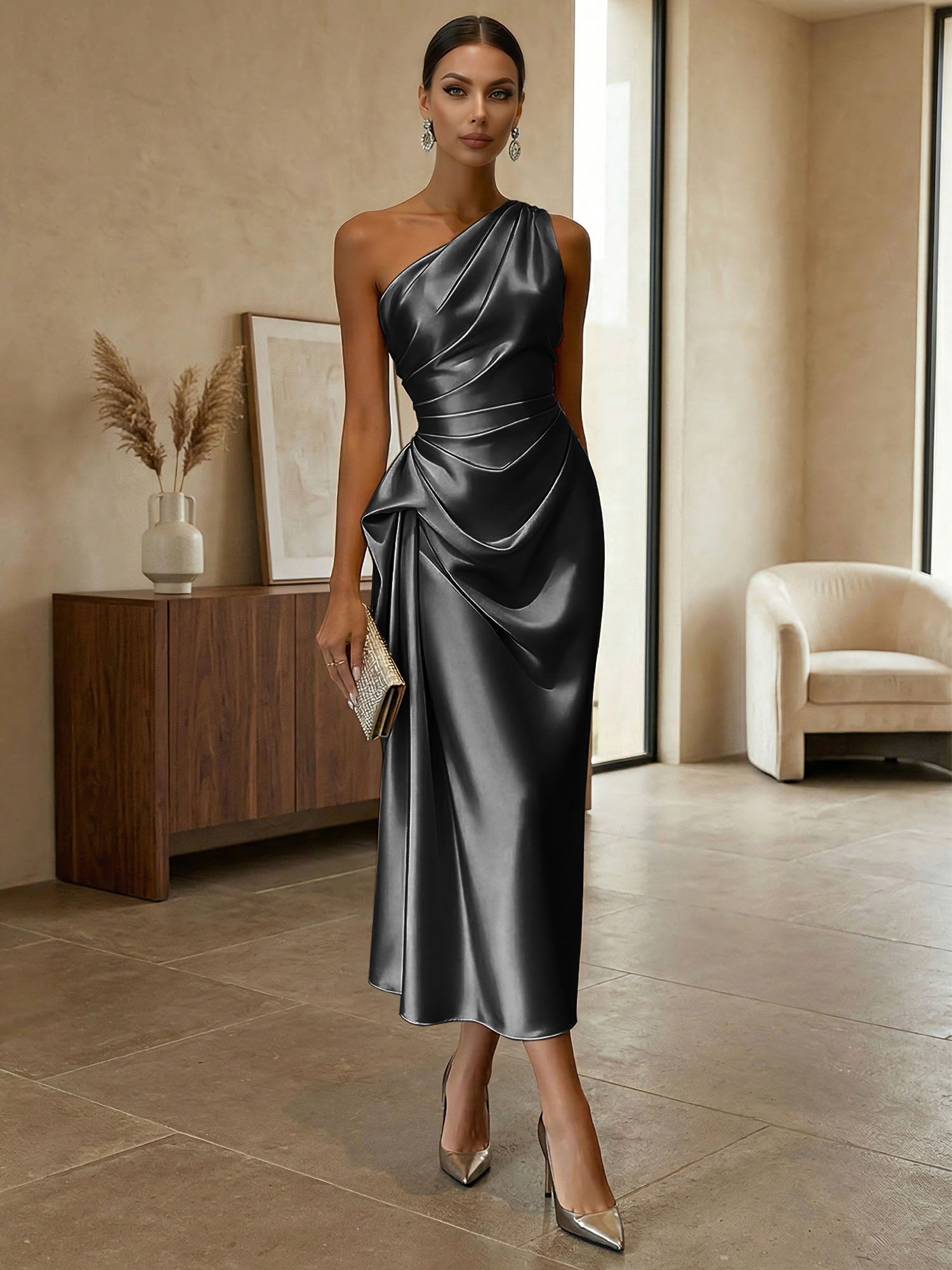 Champagne Ruched Satin One Shoulder Sleeveless Sheath Midi Dress