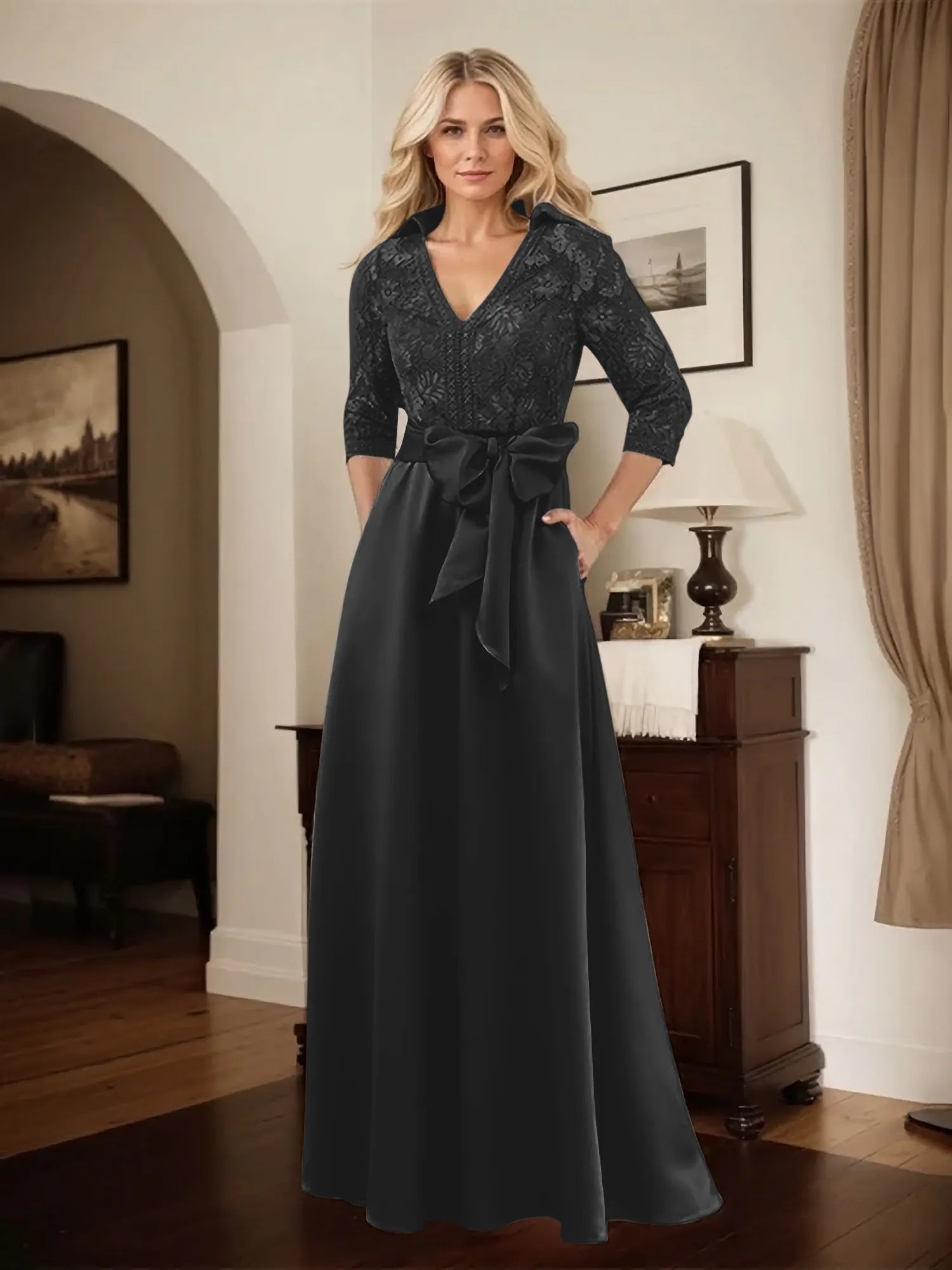Classic V-Neck Bow Accented Satin Mother Of The Bride Dress With Lace