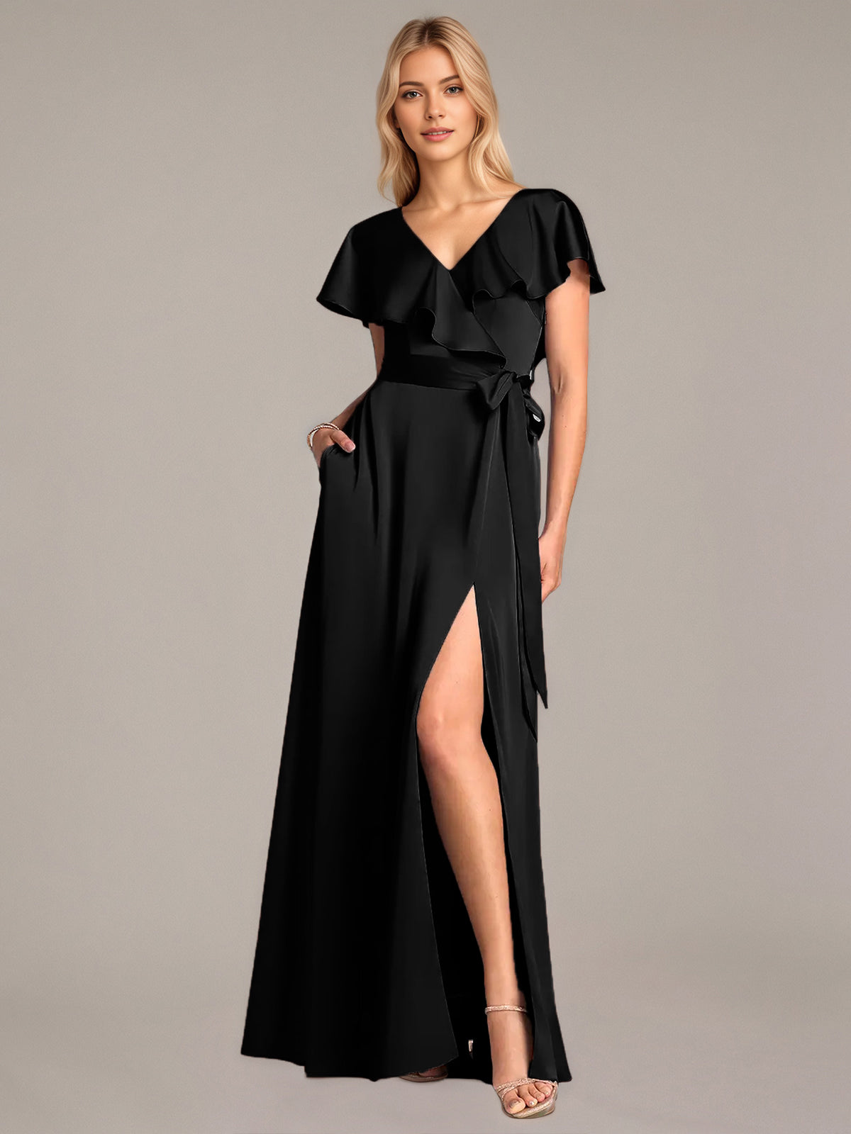 A Line Satin V Neck Short Sleeves Floor Length Dresses With Ruffles