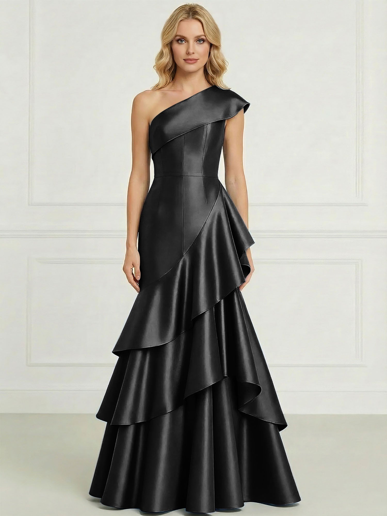 Formal Evening Dress Dark Blue One-Shoulder Satin Tiered Maxi Gown