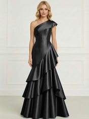 Formal Evening Dress Dark Blue One-Shoulder Satin Tiered Maxi Gown
