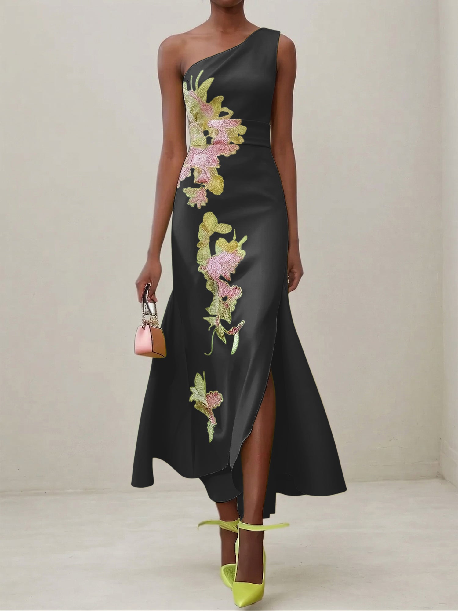 Green Floral One Shoulder Embroidered Cap Sleeve Slit Sheath Maxi Dress