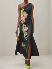Green Floral One Shoulder Embroidered Cap Sleeve Slit Sheath Maxi Dress