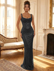 Sparkly Blue Shimmer Cowl Neck Corset Prom Dress