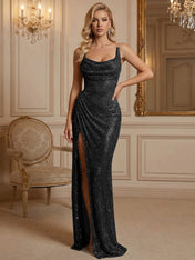 Silver Sequin Cowl Neck Ruched Long Prom Dress with High Slit
