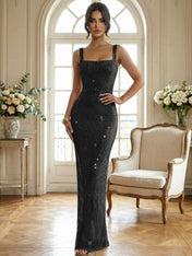 Sparkly Champagne Crystal Mesh Square Neck Long Prom Dress