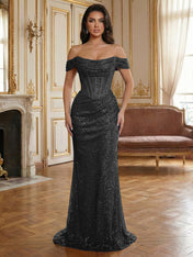 Red Off-The-Shoulder Sequined Corset Mermaid Long Prom Dress