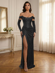 Glamorous Sequined Off-Shoulder Corset Bodice Long Prom Dress with High Slit