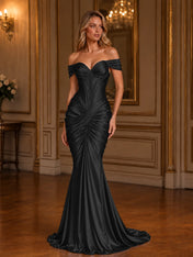 Burgundy Off-The-Shoulder Ruched Mermaid Floor-Length Gown Dress