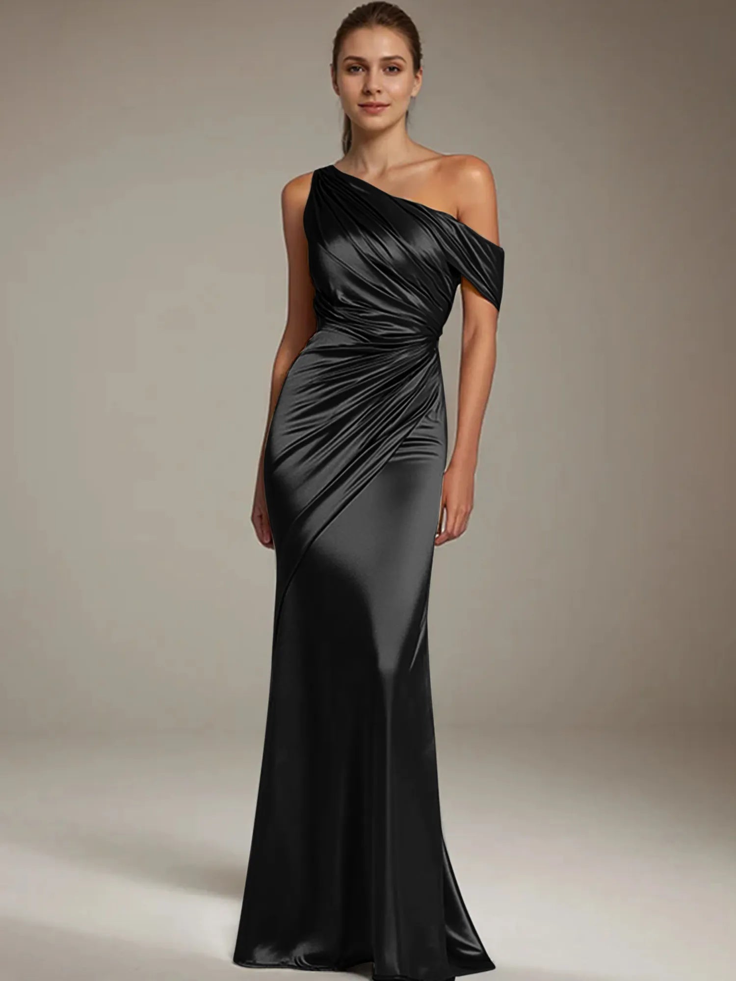 Formal Party Satin Dress Silver One-Shoulder Pleated  Floor-Length Dress