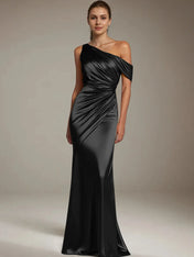 Formal Party Satin Dress Silver One-Shoulder Pleated  Floor-Length Dress