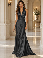 Elegant and Luxurious Cowl-neck Champagne Gold Satin Maxi Dress