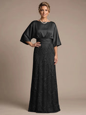 Bateau Neck Satin Evening Gown with 3/4 Batwing Sleeves Mother of The Bride Dresses