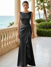 Dusty Blue Scoop Neck Evening Dress with Ruffle Mermaid Maxi Dress
