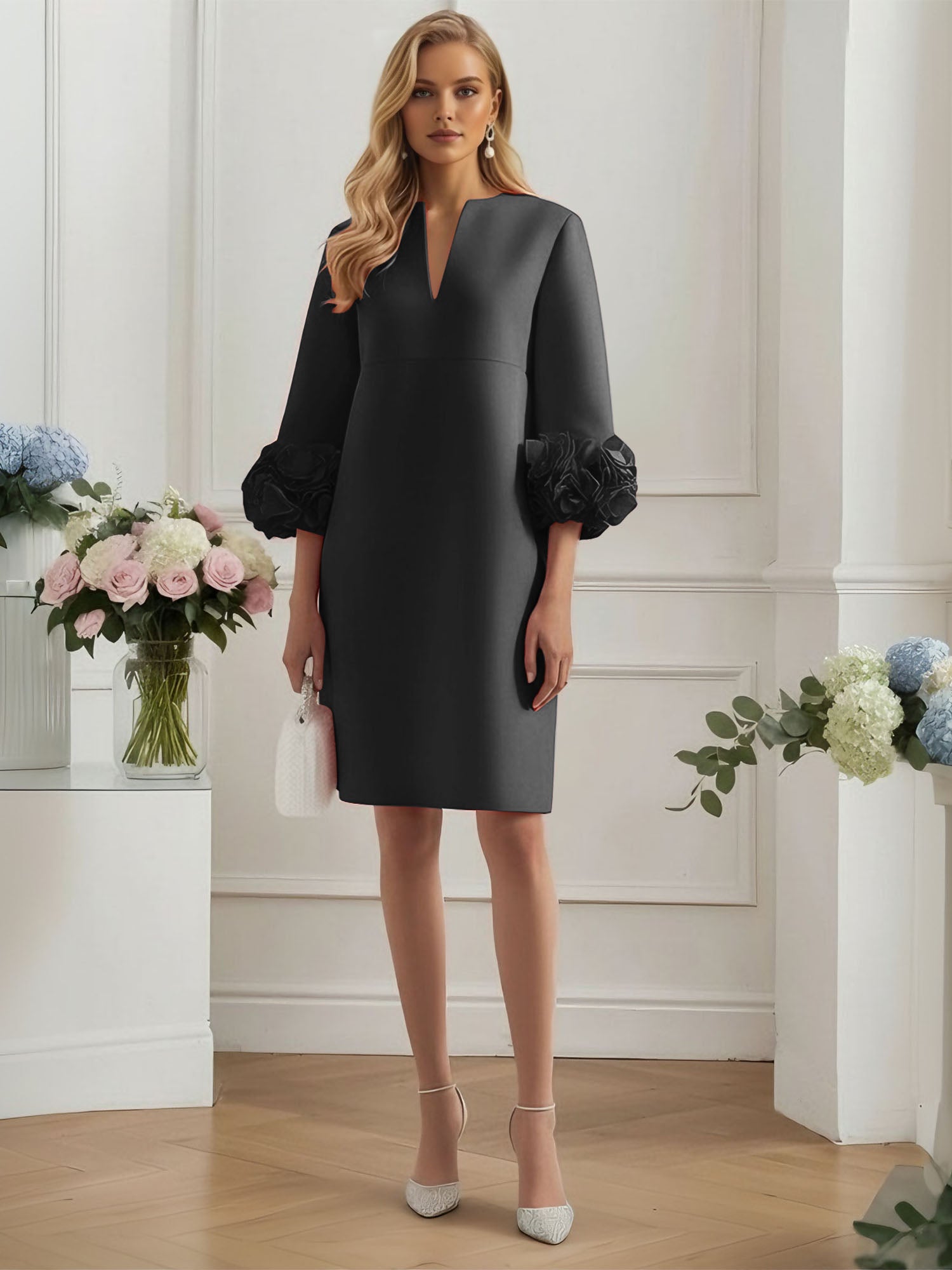 3D Floral Classic Notched Long Sleeve A-Line Midi Dress