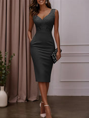 Pink Lace Hotfix Embellished Classic V Neck Sleeveless Sheath Midi Dress
