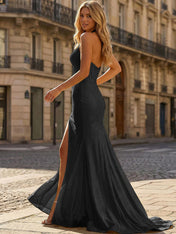 Yellow Beaded Halter Corset Prom Dress with High Slit